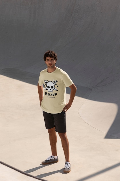 Male skateboarder with mock-up t-shirt