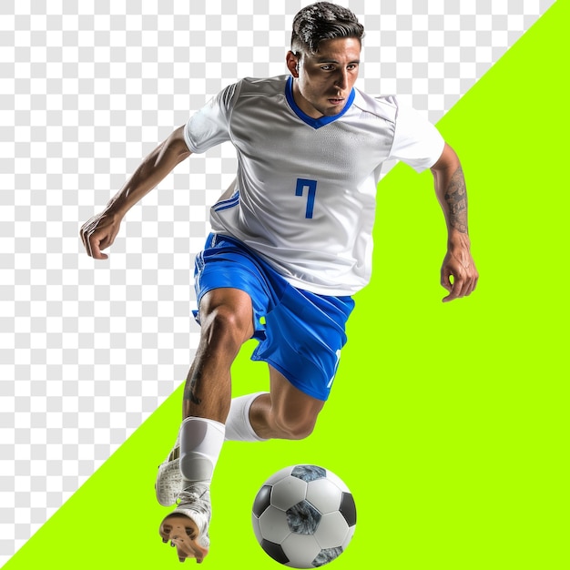 PSD male soccer player dribbling the ball transparent background