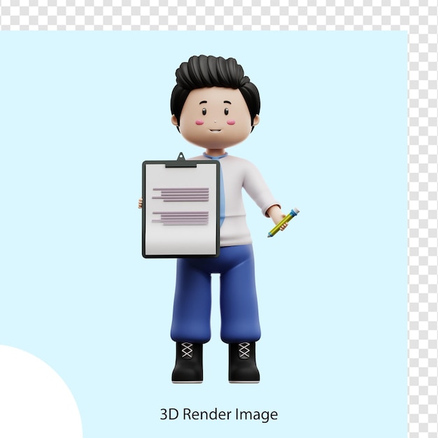 male student holding assignment board 3d rendering