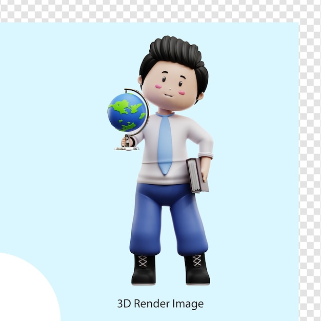 male student holding book and globe 3d render