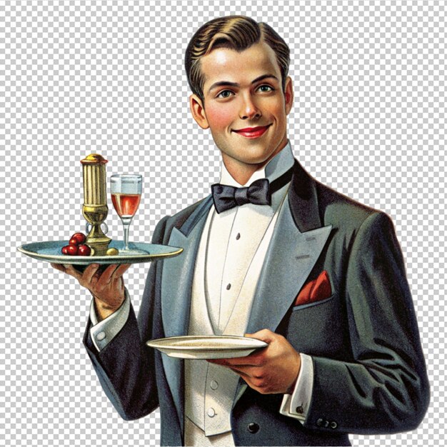 PSD male waiter vintage magazine illustration on transparent background