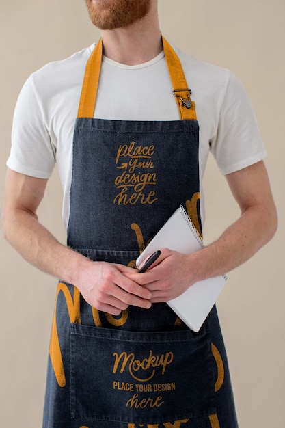 Male waiter wearing apron design mock-up