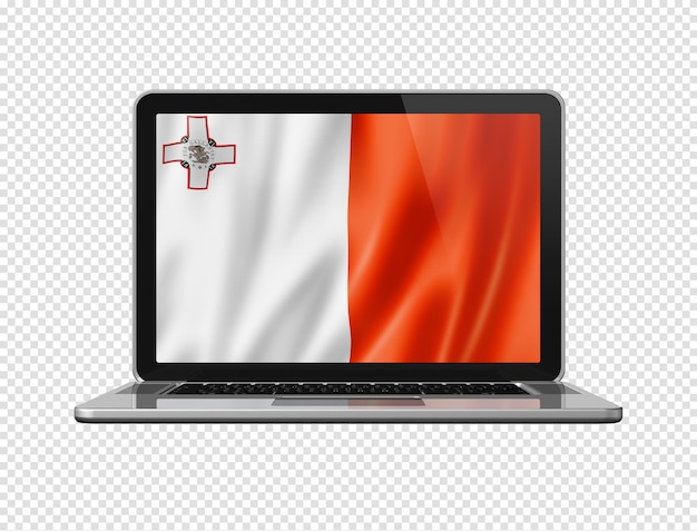 Malta flag on laptop screen isolated on white 3D illustration