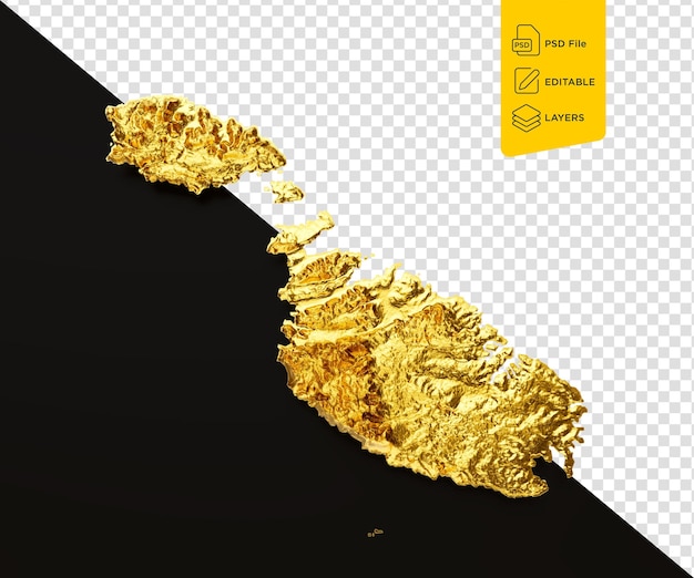 Malta Map Golden Metal Color Height Map On Black Background 3d Illustration