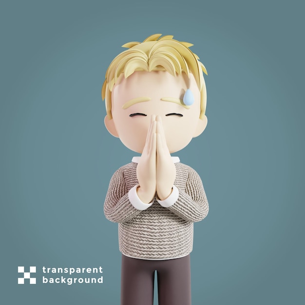 Man apologizes namaste gesture 3d character render illustration