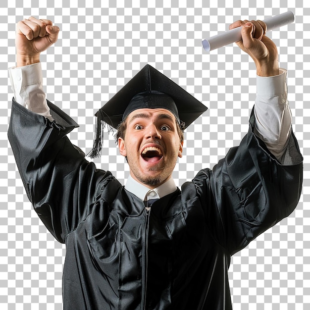 A man in a black graduation gown is holding a diploma and smiling