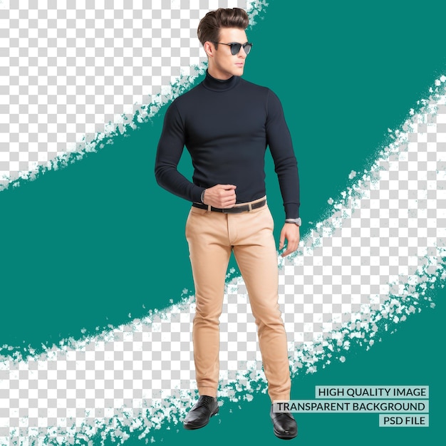 PSD a man in a black sweater stands in front of a green background with a white line