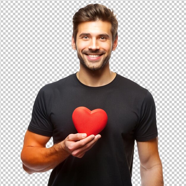 PSD man in black t shirt holding red heart in his