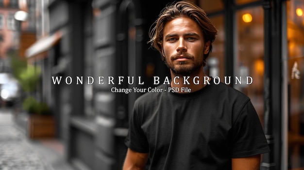 PSD man in black tshirt posing against a blurred city background