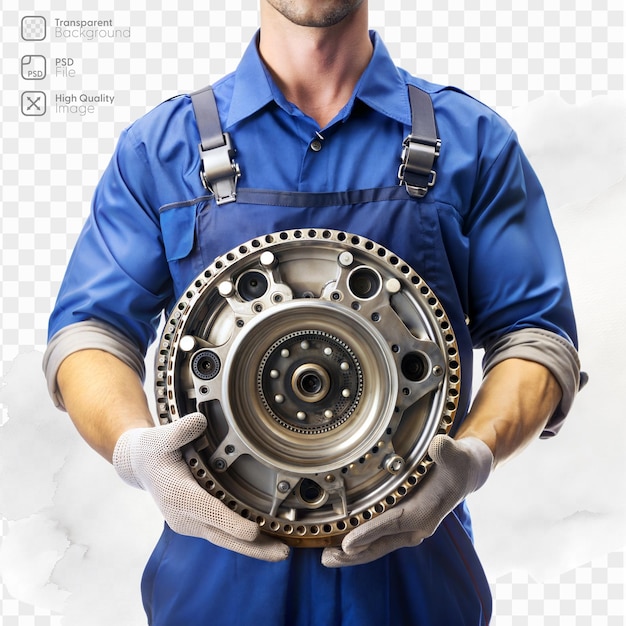 PSD a man in a blue shirt and blue apron holding a large gear