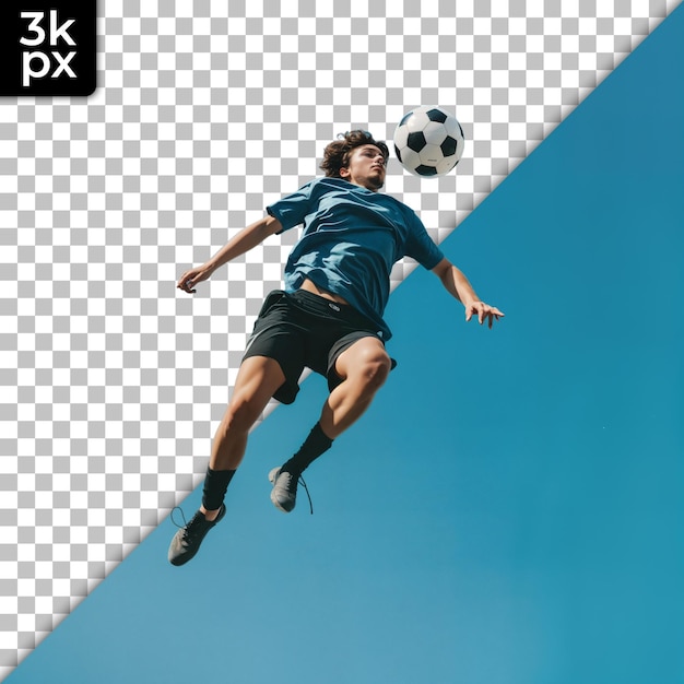 PSD a man in a blue shirt is jumping in the air with a soccer ball