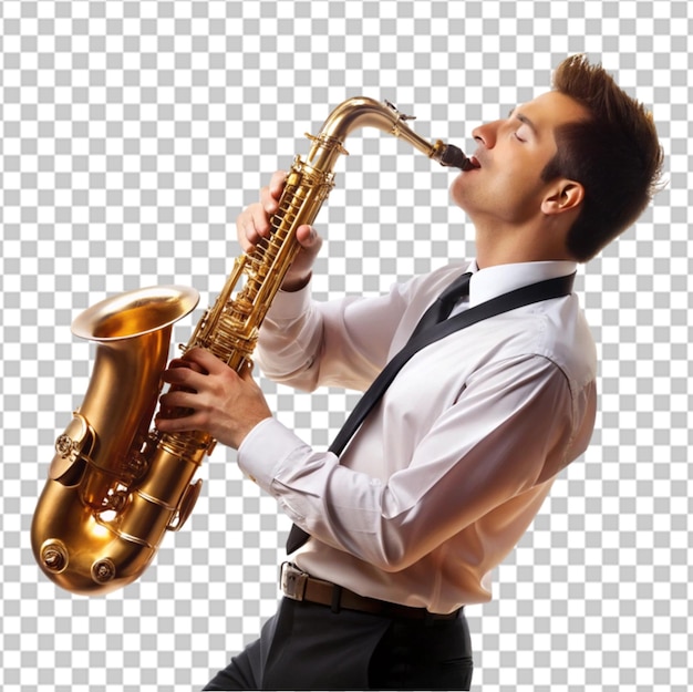 PSD a man in a blue shirt is playing a saxophone