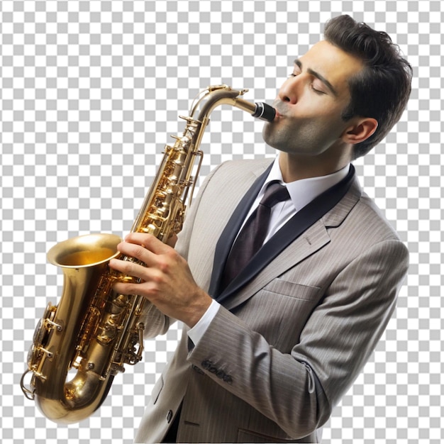 A man in a blue shirt is playing a saxophone