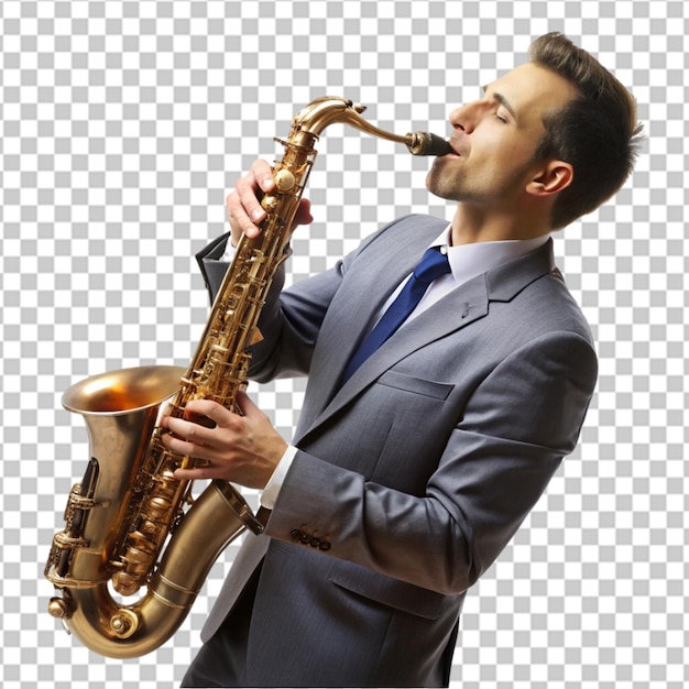 A man in a blue shirt is playing a saxophone