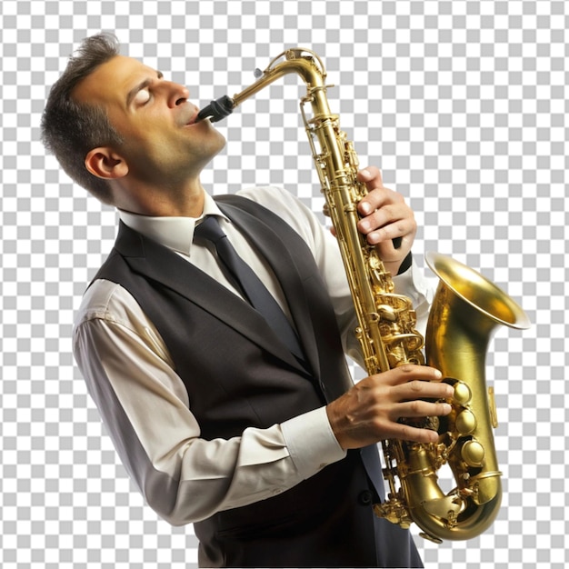 PSD a man in a blue shirt is playing a saxophone