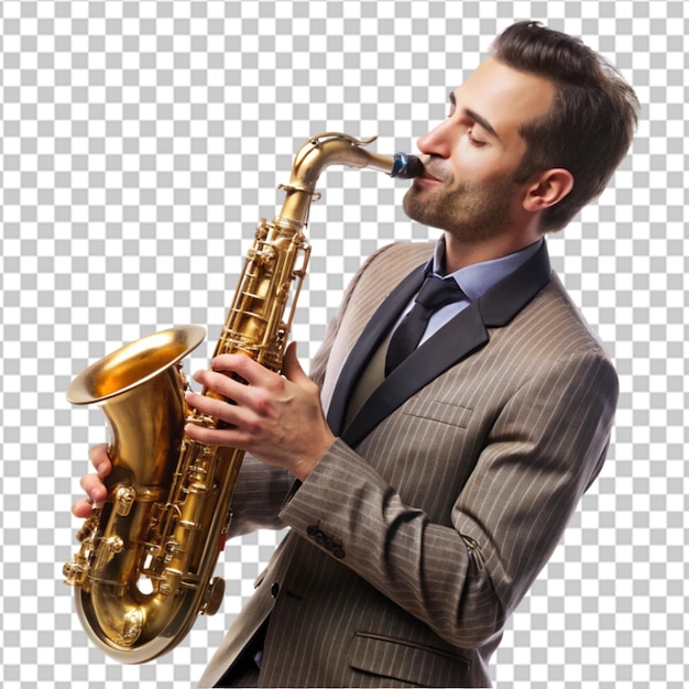 A man in a blue shirt is playing a saxophone