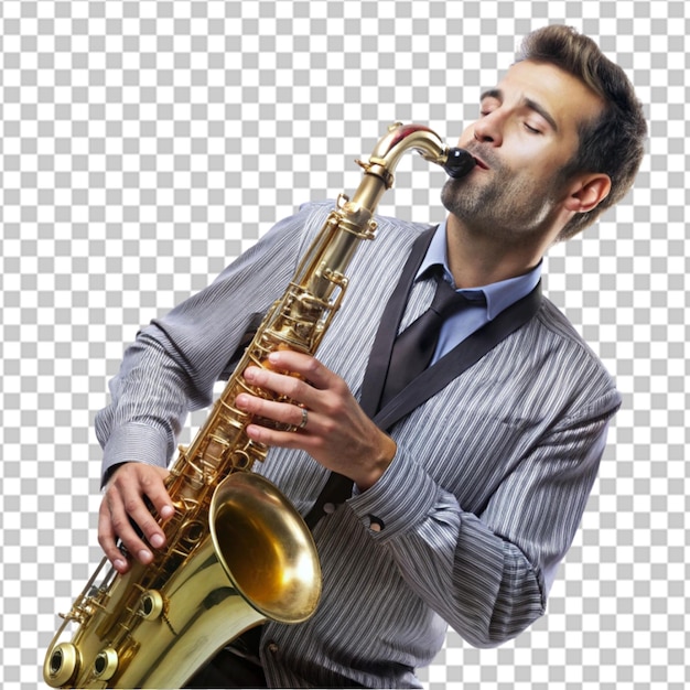 PSD a man in a blue shirt is playing a saxophone