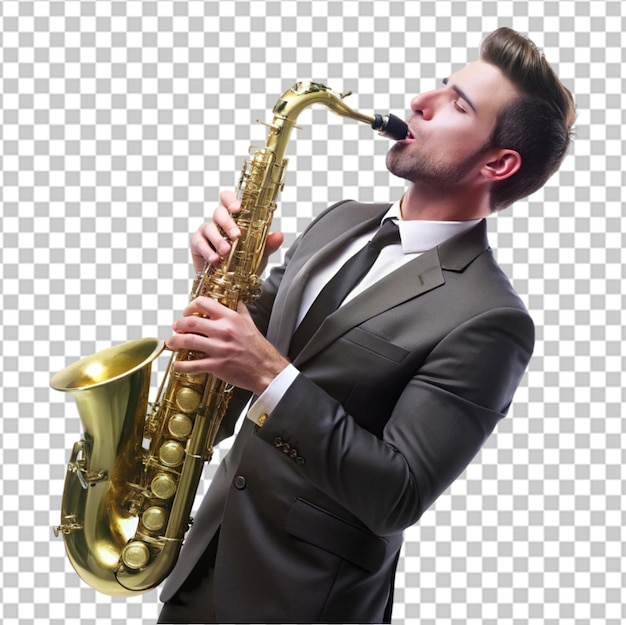 A man in a blue shirt is playing a saxophone