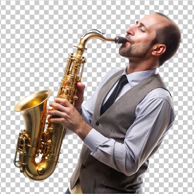 PSD a man in a blue shirt is playing a saxophone