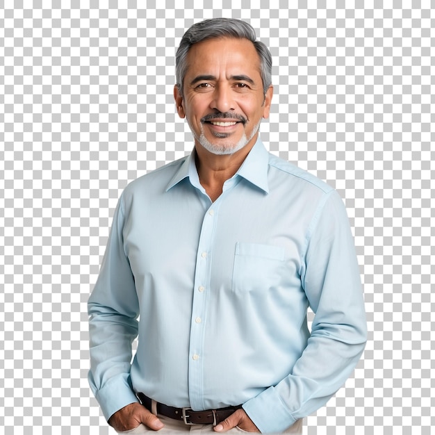 a man in a blue shirt stands in front of a grid with a white background