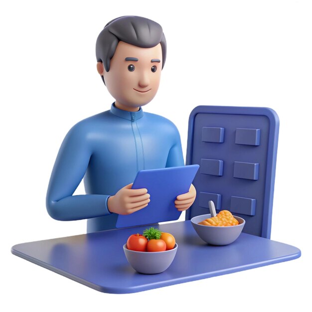 PSD a man in a blue suit is standing next to a tray of food with tomatoes and vegetables