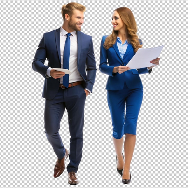 PSD man in blue suit jacket holding paper while walking with a lady