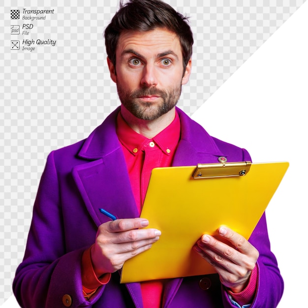 PSD man in bright clothing holding clipboard on transparent background