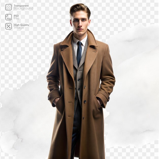 PSD man in a brown overcoat poses confidently in a studio with a transparent background