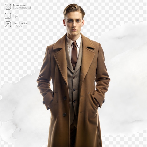 PSD man in a brown vintage coat and suit posing confidently against a transparent background