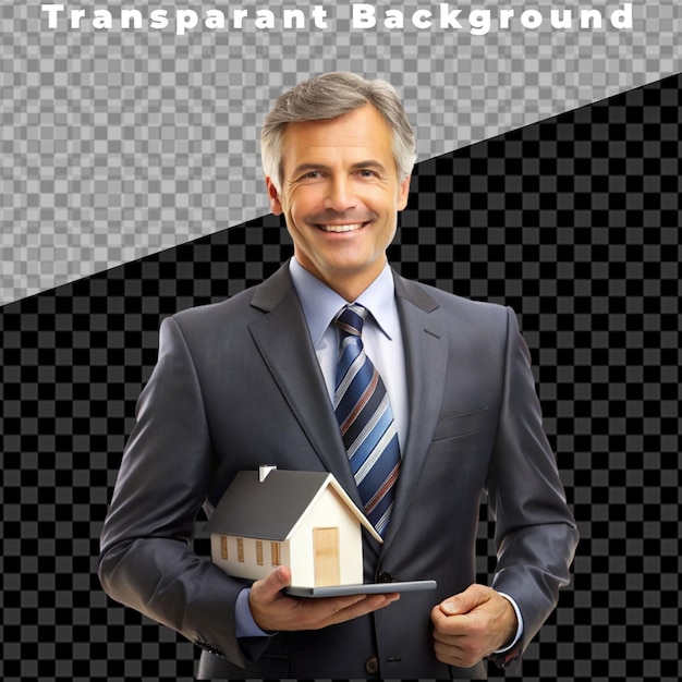 PSD a man in a business suit holding a house transparent background