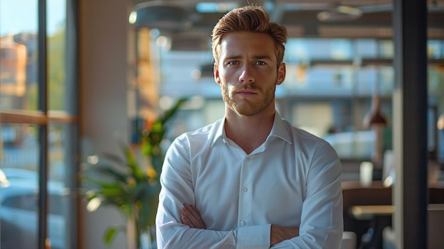 PSD a man in a business suit is standing in a room with a tie on he is looking directly at the camera and he is confident and professional