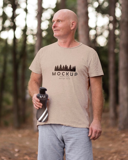 Man at camping with a mock-up t-shirt