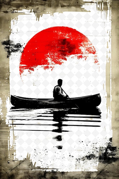 PSD a man in a canoe is in a boat with a red sun in the background