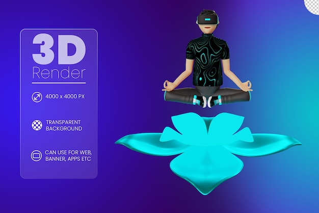 Man character doing yoga on virtual reality device metaverse 3d illustration