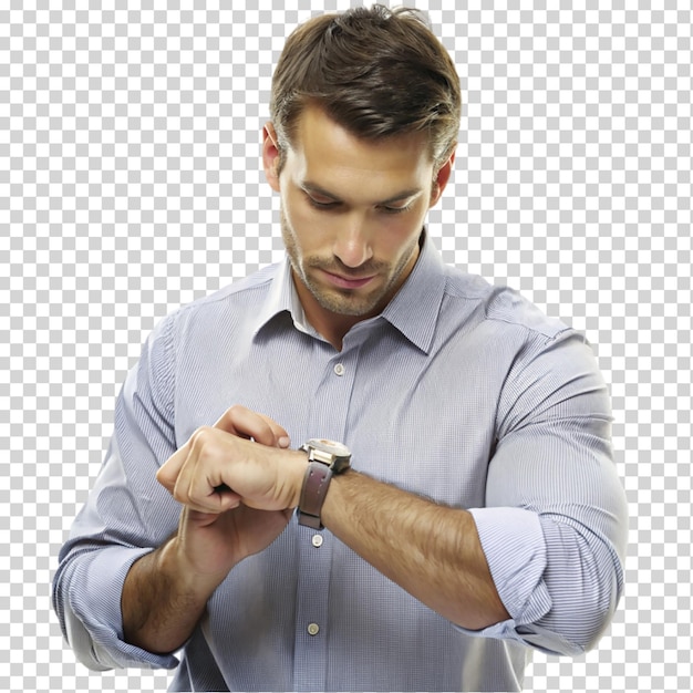 PSD man checking time on wristwatch isolated on transparent background