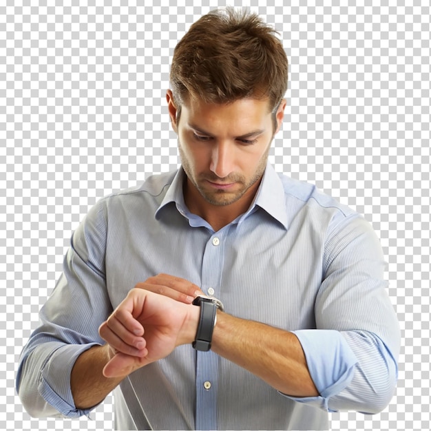 PSD man checking time on wristwatch isolated on transparent background