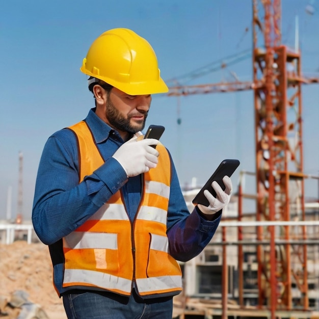 PSD a man in a construction vest is holding a phone