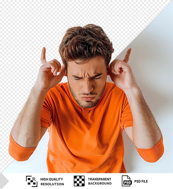 PSD man covering his ears with fingers against a transparent background