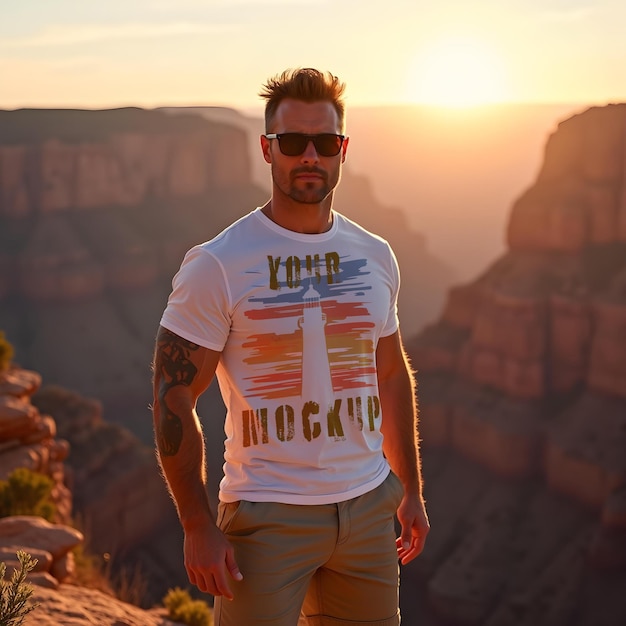 PSD man in customizable white tshirt mockup at sunset in canyon landscape