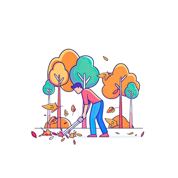 PSD a man cuts leaves with trees cartoon illustration