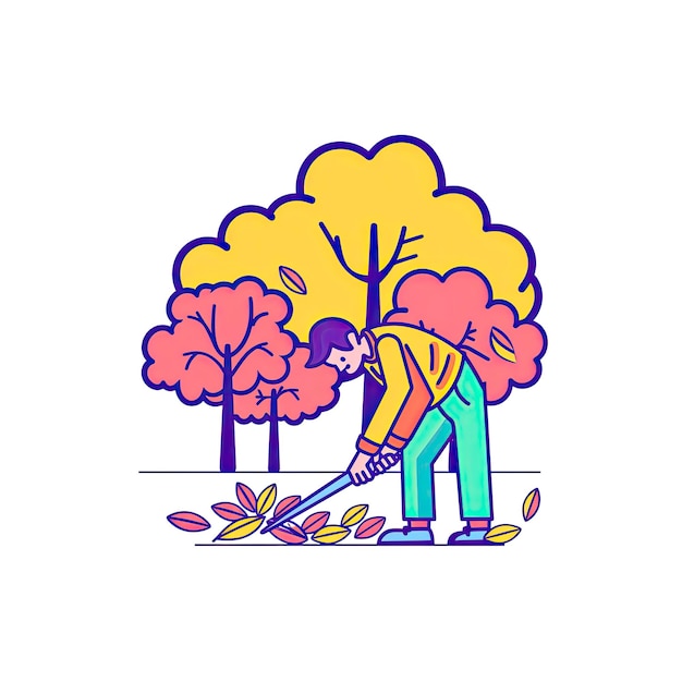 PSD a man cuts leaves with trees cartoon illustration