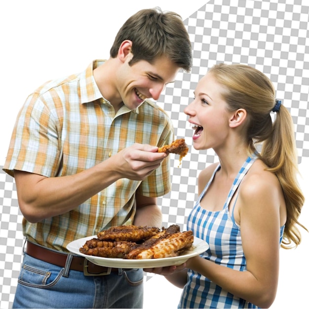 PSD man cutting roasted ham near woman