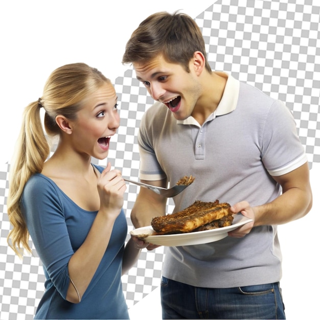 PSD man cutting roasted ham near woman