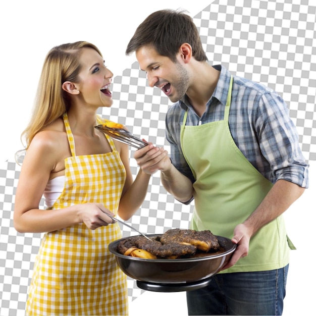 PSD man cutting roasted ham near woman