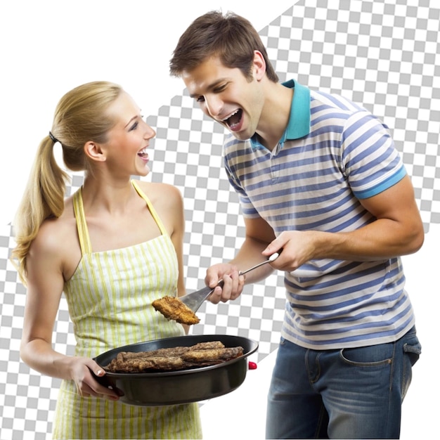 PSD man cutting roasted ham near woman