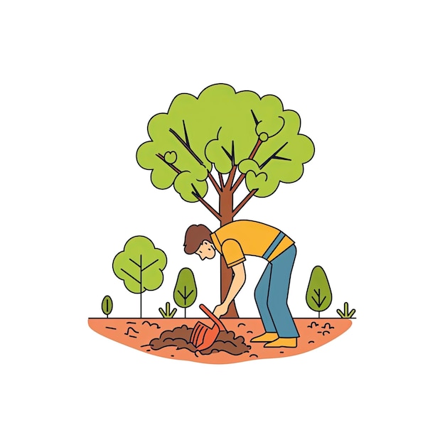 A Man Digs In A Forest With A Tree Cartoon Illustration