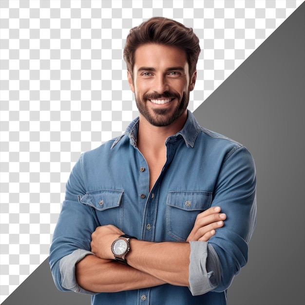 Man dressed in casual denim shirt adult smile white background