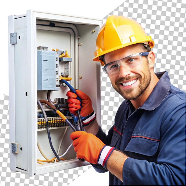 Man an electrical technician working in a switchboard with fuses