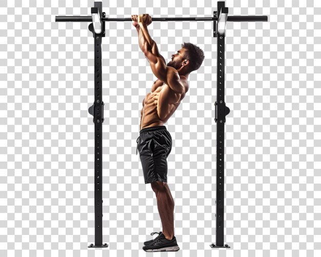 PSD a man exercise doing pullups on transparent background