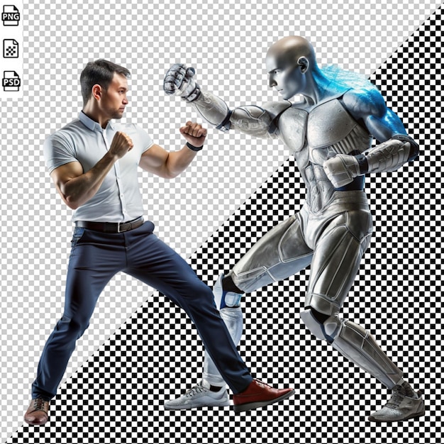 man fight pose with ai robot on transparent background